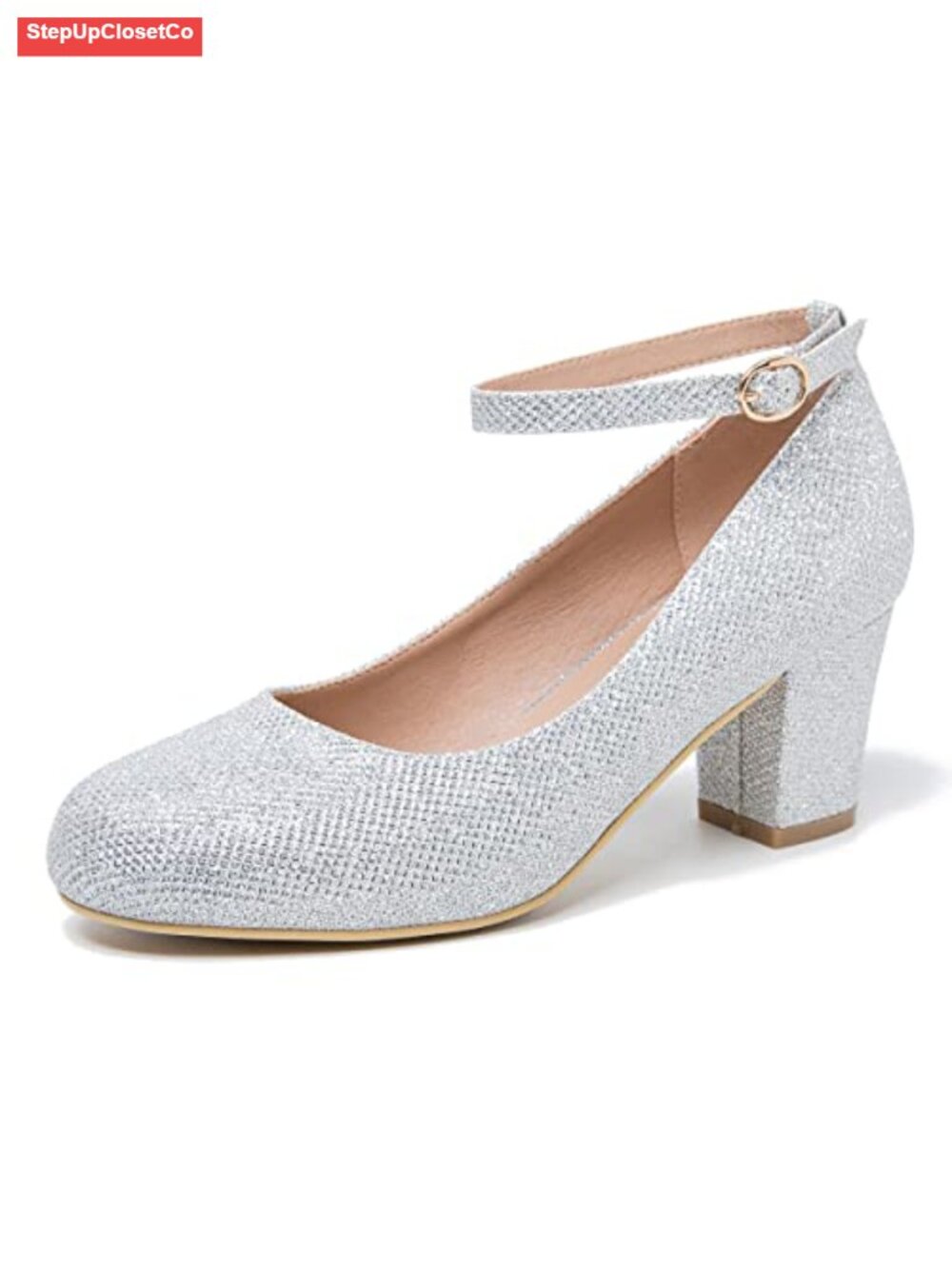 Women's Low Block Heel Ankle Strap Pumps Closed Round Toe Dress Shoes
